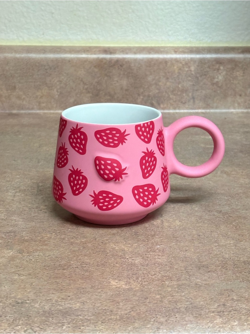 Glory Haus 3D Strawberry Ceramic Coffee Mug Pink Raised Strawberry Cottagecore